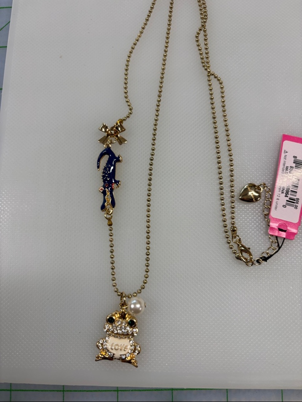 Gold-tone Frog Pendant Necklace with Blue Lizard Accent